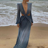 Zjkrl Sexy V-Neck Backless Hollow Out Dress 2023 Summer Women Lantern Sleeve Club Party Long Maxi Dresses Tunic Beach Cover Up A916