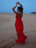 Ruffles Chiffon Maxi Dresses for Women 2023 Backlesss Split Sexy Porm Dress Red Long Summer Wedding Party Dress Elegant Luxury