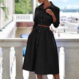 Zjkrl - Elegant Turn-down Collar Button Blouse + Skirts Suit Autumn Fashion Striped Print Two Piece Sets Casual 3/4 Sleeve Women Outfits