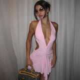 Zjkrl 2023 Summer Deep V Neck Halter Neck Dresses Bandage Backless Mini Ruched Sexy Bodycon Dresses Beach Holiday Clothes