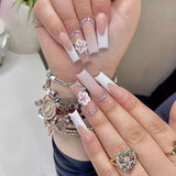 Zjkrl - 24Pcs Full Cover False Nails Red Rhinestone Planet Long Ballerina Coffin Nail Tips Detachable Fake Nails Press on Nails Manicure