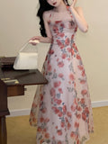 Zjkrl - Fairy French Floral Midi Dress Women Chic and Elegant Slim Sleeveless Vintage Dress Boho Beach Sexy Dresses Korean Summer