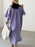 Summer Dress for Women 2023 Solid V-Neck Side Split Loose Short Sleeve Long Dress Streetwear Female Dress Women Clothing Robe