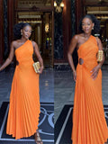 Zjkrl Lady Roll Waist Sleeveless Pleated Ruched A-line Dress Women One Shoulder Sexy Prom Evening Dresses New Fahion Chothing