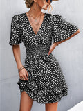 Sexy V Neck Mini Dress For Women Fashion Floral Slim Short Dresses Female Lotus Leaf Sleeve Elegant Dress Summer Vestido Mujer