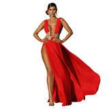 Zjkrl Women Evening Party Dress Vestidos Long Maxi Dress Sexy Summer Deep V Neck Backless Dress High Slit Fashion Festival