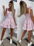 Zjkrl - 2023 Summer Fashion Short Boho Dress Women Mini Floral Print Dress Female Sleeveless Hanging Belt Printed Waist Folded Dress