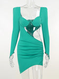Mozision Autumn Diamond Chain Hollow Out Full Sleeve Mini Dress For Women Fashion Green Backless Ruched Dress Vestido Clothes