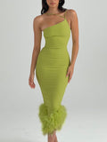 Zjkrl Mozision Elegant One Shoulder Feather Bottom Midi Dress For Women Robe Summer New Sleeveless Bodycon Long Dress Clubwear