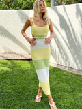 Women's Beach Knitted Maxi Dress Cover Up Holiday Party Sundress Contrast Color Crochet Long Dress Summer Outfits 2023