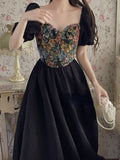 Zjkrl - Flower Print Retro Elegant Dress Women Puff Sleeve French Vintage Midi Dress Female Patchwork Designer Princess Sweet Dress 2023