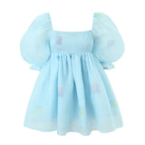 Summer Women Sky Blue Plaid Organza Dress Vintage Puff Sleeve Ladies Holiday Party Mini Robe