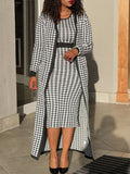 Women Two Piece Houndstooth Printed Dress Suits Long Sleeve Long Cardigans & Tank Dress Set