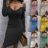 Zjkrl - Autumn Winter Women&#39;s Casual Solid Color Long-sleeved Knitted Bodycon Dress V Neck Off Shoulder Sexy&amp;Club Elegant New Dress