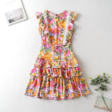 Zjkrl - Happie Queens Women Floral Print O-neck Beach Bohemian Dresses Ruffles Button Cotton Sexy Mini Dress Vestidos