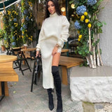 Women Casual Solid Knitted Slim Sweater Warm Suit Long Sleeve Stand Collar Pullover and Side Split Skirt Winter New Fashion