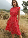 Zjkrl - Dot Print Butterfly Sleeve Ruffles Medium Long Chiffon Dress