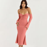 Zjkrl Women Chiffon Zipper Sexy Y2K Clothes Lace Up Halter Backless Long Sleeve Bodycon Midi Dress Outfits Party Club