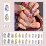 Zjkrl - 24pcs Girlish Colorful Graffiti Nail Art Fake Nails With Plants Flowers Patterns Short Press on False Nails With Wearing Tools