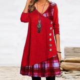 Zjkrl - Fashion Long Sleeve V Neck Midi Dress Autumn Ladies Button Splicing Loose Dress New Vintage Geometric Puzzle Print A-line Dress