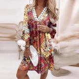 Zjkrl Vintage Print Trumpet Sleeve Boho Beach Dress Women Fashion Lace Patchwork V-Neck Party Dresses Lady Loose A-Line Dress Vestidos