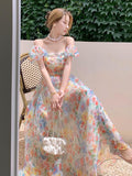 Zjkrl 2023 Summer French Vintage Floral  Beach Dress Puff Sleeve Sexy Backless Slip Dresses Elegant Temperament Korea Long Dress