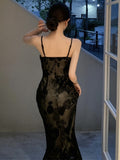 Zjkrl - Lace Black Elegant Women Dress Vintage Strap Embroidery Floral Mermaid Midi Club Gown Robe Femme Ropa Sexy Mujer Verano Vestidos