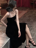 Zjkrl Summer Women Elegant Spaghetti Strap Midi Black Velvet Dress Sexy Prom Evening Party Birthday Club Fashion Clothing