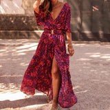 Zjkrl - Elegant Split Party Streetwear Dress Women Half Sleeve Chiffon Dress Fashion Beach Printed Summer Dress V Neck Long Cover Up