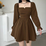 Zjkrl Elegant Chiffon Corset Dress Brown Flare Long Sleeve Mini Dresses Vacation Short Party Dress Ruffles Slash Neck Outfit