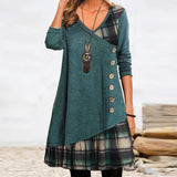 Zjkrl - Fashion Long Sleeve V Neck Midi Dress Autumn Ladies Button Splicing Loose Dress New Vintage Geometric Puzzle Print A-line Dress