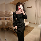 Zjkrl - Solid Elegant Fairy Dresses Women Casual Party Fashion Korean One Piece Dress Female Lace Vintage Chic Midi Dresses