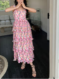 Zjkrl - 2023 Summer New In High Quality Floral Print Elastic Women Tiered Strappy Midi Long Summer Beach Vacation Dress Fairycore