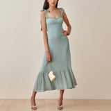 Zjkrl - Dresses For Women 2023 Elegant Vintage Floral Dress Frill Sweetheart Neck Sleeveless Strap Tie Ruffle Hem Summer Beach Dress