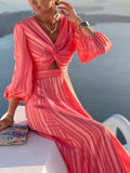 Women Elegant Solid Ruffles Long Party Dress Lady Sexy Deep V Neck Backless Dress Beach Style Femme Casual Holiday Dress Vestido