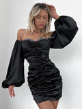 Off Shoulder Satin Evening Dresses For Women 2022 Elegant Cocktail Party Dress Black Long Sleeve Ruched Bodycon Dress Mini