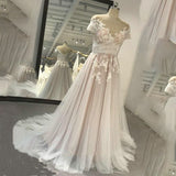 Zjkrl - Elegant Long A Line Champagne Wedding Dresses Applique Organza Scoop Neck Short Sleeves Cut Off Open Back Custom Made
