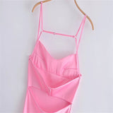 Zjkrl - 2023 New Women Hollow Design Silk Satin Texture Midi Suspender Dress Summer Sexy Revealing Back Slit Slim Pink Dress