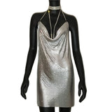 Sexy Gold Sequined Patchwork Mini Dress Women Sleeveless Low Cut Metal Chains Halter Slim Charming Nightclub Party Dresses
