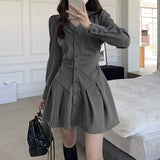Zjkrl - Chic Long Sleeve Single-breasted Women Shirt Dress 2023 Autumn V Neck Pleated Mini Dresses Korean Gray Slim High Waist Vestidos