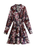 Zjkrl - 2023 Spring New Women Flowers Print Dress Elastic Waist Office Ladies Short Dress