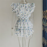 Zjkrl New Arrival Summer Short Sleeve Natasha Mini Dress Women Ruffled A-line Dress Blue Print