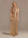 Zjkrl New Luxury Champagne V-Neck Sequin Evening Dress Women Party Maxi Dress Beading Gowns Long Prom Cocktail Dresses