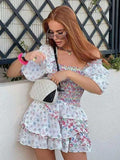 Zjkrl mixed floral prints ruffled party dress puff sleeve square neck smocked sexy laides dress mini chic summer dress