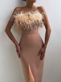 Zjkrl Luxury Feathers Dress Women Sleeveless Spaghetti Strap High Waist Bodycon Slit Mid-calf Wedding Birthday Party Evening Dresses