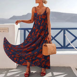 Summer Vintage Floral Print V-Neck Spaghetti Strap Dress Sexy Loose Sleeveless Tank Long Dress Bohemian Swing Women Beach Dress