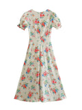 Women Floral Print Puff Short Sleeve Dress V Neck Romantic Ladies Holiday Summer Dresses French Style Vestido