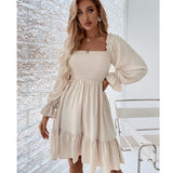 Women Elasticity Dress Ruffle High Waist Tight A-line Dress Pullover Square Collar Long Sleeve Ruffled Dresses