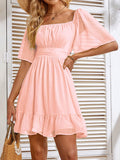 Zjkrl White Summer Dress Backless Lace Up Ruffles Ruched Solid Tie Back Flounce Hem Dress·puff Sleeve Elegant Dress