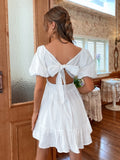 Zjkrl White Summer Dress Backless Lace Up Ruffles Ruched Solid Tie Back Flounce Hem Dress·puff Sleeve Elegant Dress